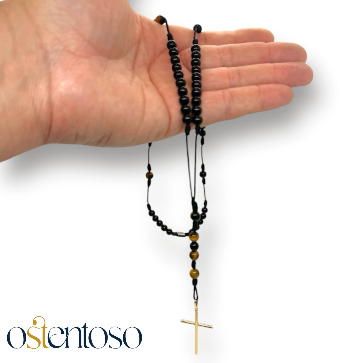 THE ROSARIO: Onyx + Golden Tiger's Eye and 18-carat gold Cross.