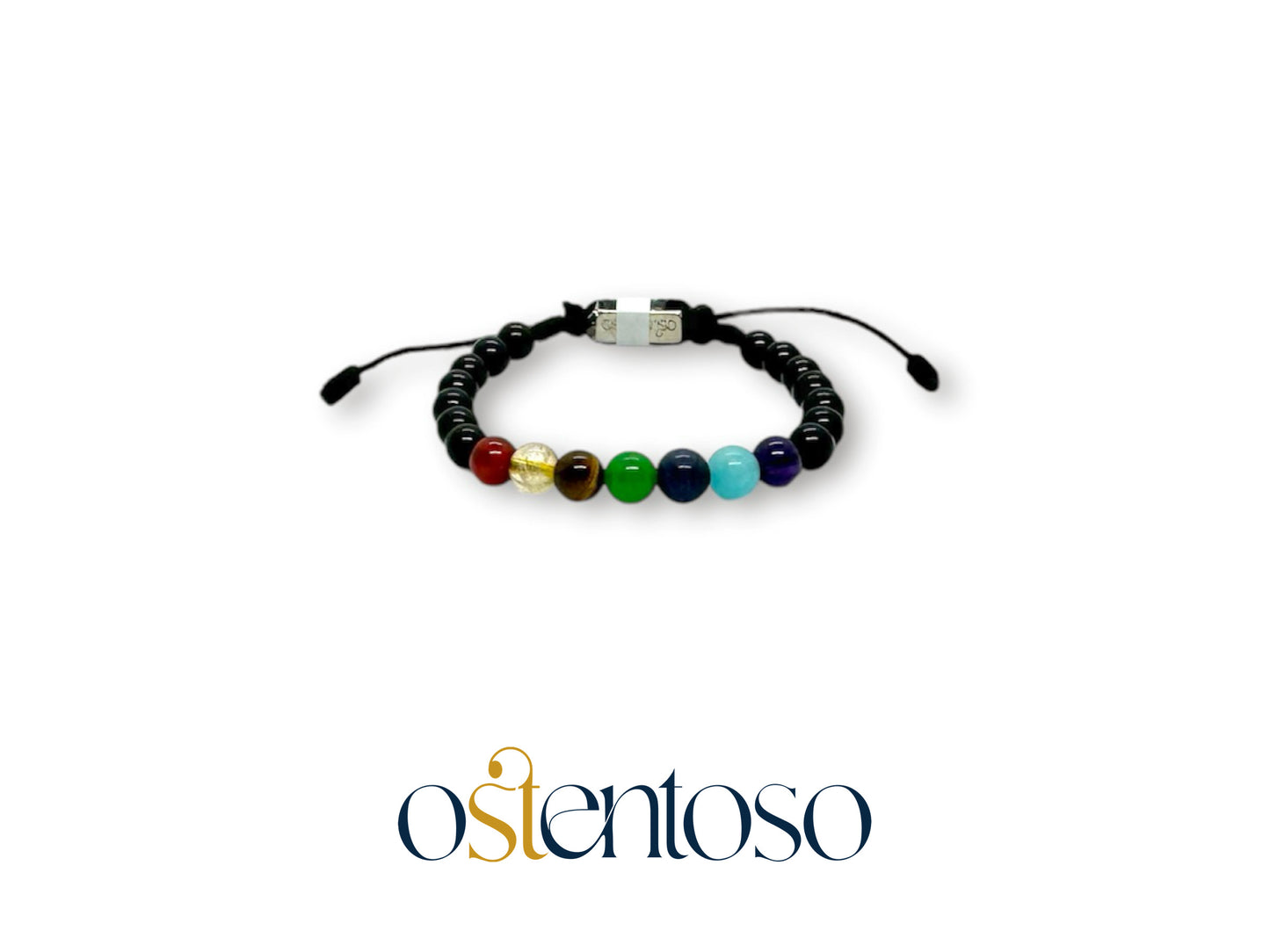 Pulsera Siete Chakras con Onix brillante esferica tamaño No. 6 mm.