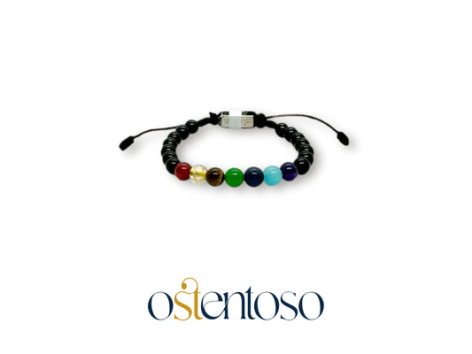 Pulsera Siete Chakras con Onix brillante esferica tamaño No. 6 mm.