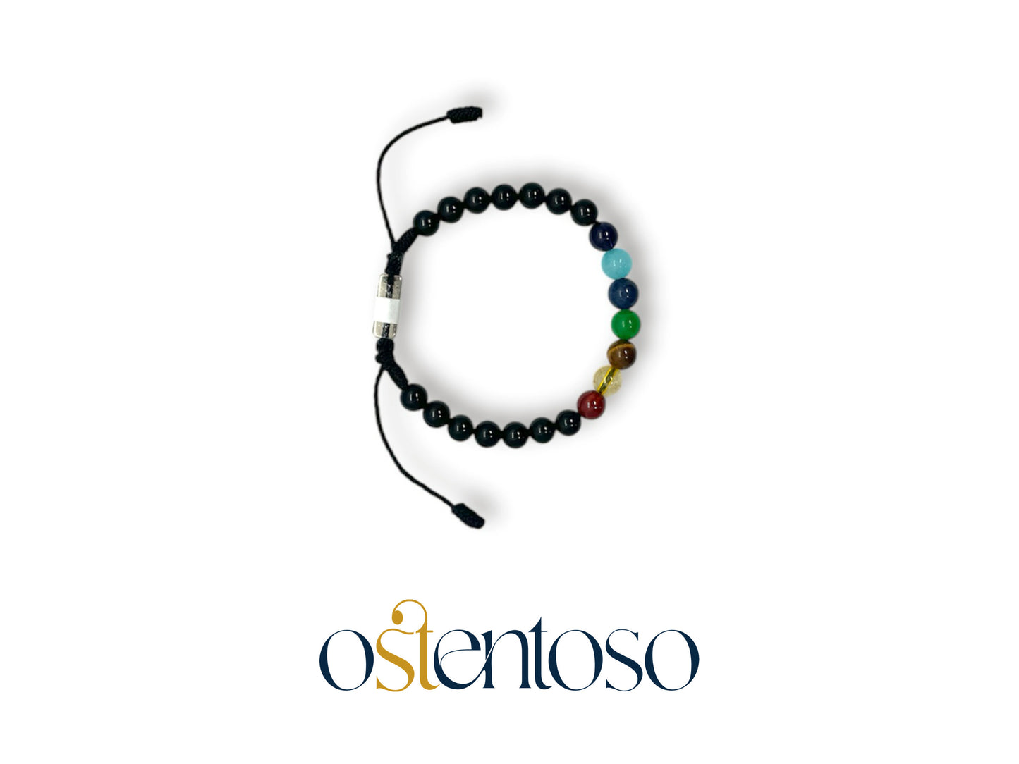 Pulsera Siete Chakras con Onix brillante esferica tamaño No. 6 mm.